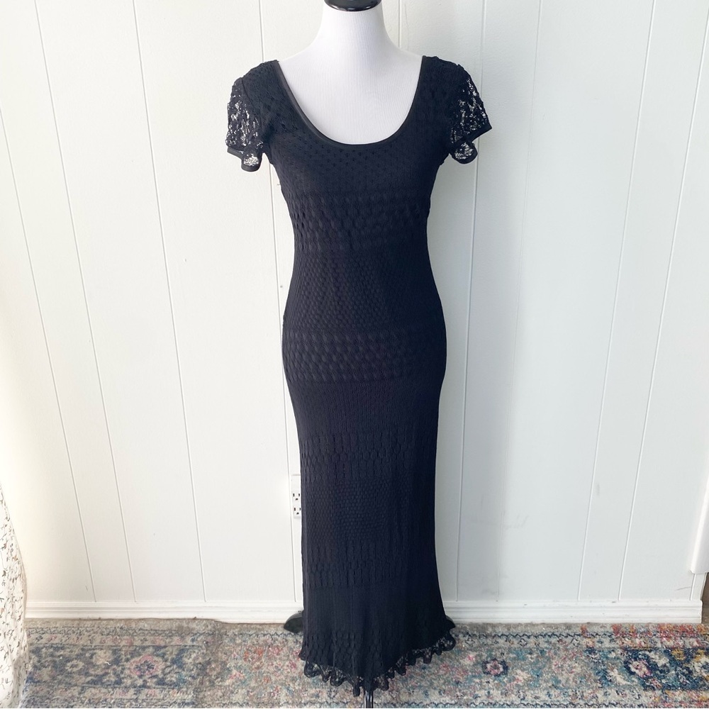 VTG 90's Dress Womens 7/8 M Black Midi Witchy Cottagecore Romantic Lacey Whimsy*